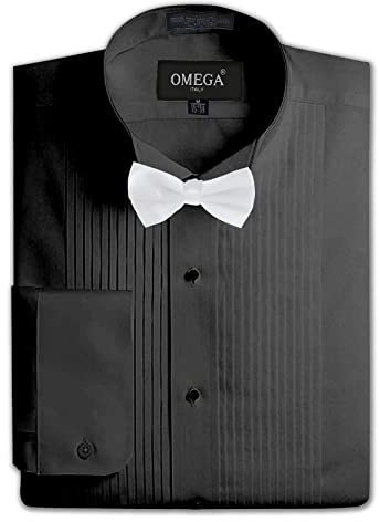 OmegaTux Mens Formal Wing Collar Tuxedo Shirt, 1/4 Pleat Black (OMTX500-16.5-33)
