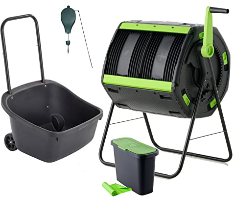 Amazon Exclusive Combo - 48 Gallon Compost Tumbler with Compost Cart, 9 Liter Compost bin, 3 Rolls of Corn Bags and Plant Caddy