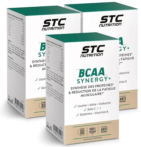 STC NUTRITION - BCAA Synergy+ Leucine, Isoleucine, Valine, Glutamine, Vitamines B2, B6 & B12 - Résistance & récupération musculaire - Limite les courbatures - Lot de 3