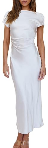2026 Satin Cap Sleeve Cowl Back Summer Dresses for Women Elegant Ruched Waist Wedding Guest Midi Dress Emerald…