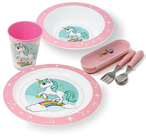 damaloo Einhorn Kinder Geschirrset Mädchen – Teller, Schüssel, Becher & Kinderbesteck – Frühstücksgeschirr für Kinder – Kunststoff Essgeschirr Wiederverwendbar & BPA frei