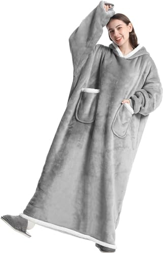 Boikey Överdimensionerad filttröja med huva, sweatshirt i velour, extra lång, med ärmar och fickor, en storlek, för vuxna kvinnor och män