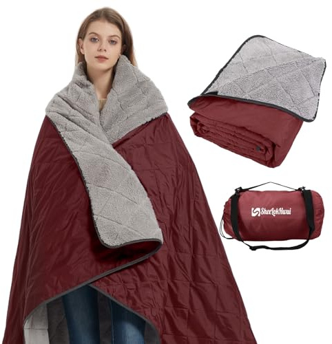 sheelokhwui Outdoor/Indoor Sherpa Blanket, Oversized Waterproof Stadium Blanket for Cold Weather. Warm, Soft, Portable, Great for Stadium, Sports Events, Camping, Indoor - 82x56in., Antique Ruby