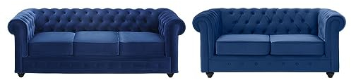Vente-unique - Canapés 3 Places et 2 Places Chesterfield - Velours Bleu Roi