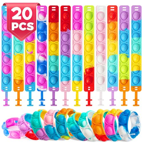 SINZUX Party Bag Fillers for Kids, Pop it Fidget Bracelet Fidget Toys Pack, Kids Party favours, Bubble Rainbow Wristband, Birthday Halloween Christmas Stocking Stuffer, Gift Prize for Boys Girls-20Pcs