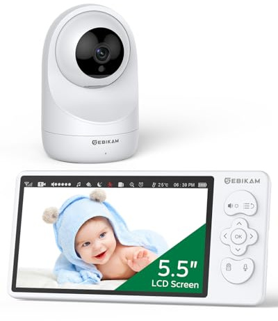 Sebikam Baby Monitor con Fotocamera da 5,5 Pollici, Schermo HD 720P, Batteria da 4000mAh, PTZ 355°, Modalità VOX, Visione Notturna, Audio Bidirezionale, Sensore di Temperatura, Ninna Nanne
