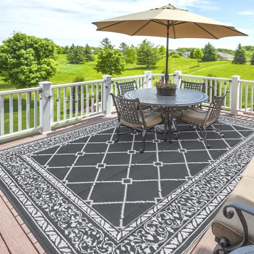 SHACOS Tappeto Esterno Grigio 150x240cm Impermeabile Tappeto da Terrazzo Reversibile Tappeti Giardino in Plastica Tappetino Campeggio Tappeto Tessitura Piatta per Terrazza Picnic