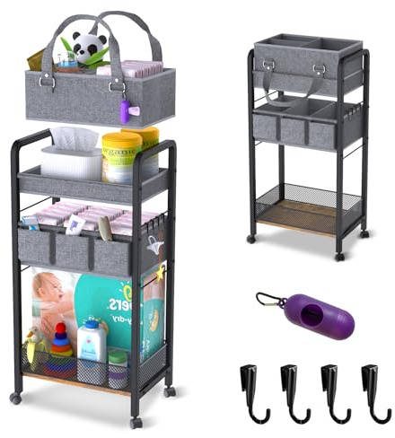 JRANBRJS 2IN1 Baby Diaper Caddy Organizer-3 Tier Rolling Storage Cart with Dividers - Bedside Diaper Caddy Cart for Baby Nursery Newborn Essentials-Mobile Utility Carts with Wheels for Changing Table