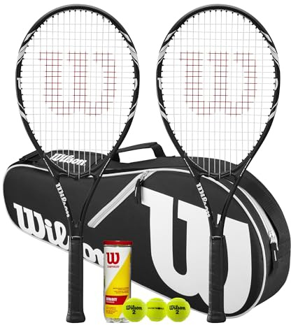 Wilson Federer Tennis Racket Twin Set, Black, 68.5 cm, with Tennis Bag and Balls (With Black Advantage Bag)