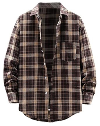 Camisetas de franela a cuadros de manga larga para hombre, camisa de plumón suave a cuadros regular con bolsillos, marrón, 5XL