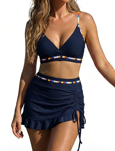 OUSIMEN Bikiniset för kvinnor badkläder med hög midja V-ringad, tvådelad baddräkt med färgblock, dragsko, tankini