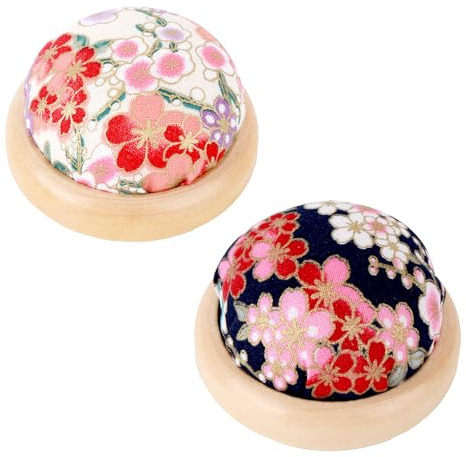 2pcs Sewing Pin Cushions, Japanese Flower Pincushion Round Needle Holders with Wooden Base Cotton Floral Pincushions Sewing Wrist for Quilting DIY Crafts Needlework Art Projects