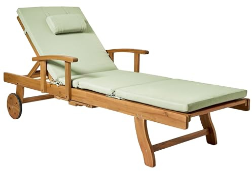 Beliani Tumbona de jardín de Madera de Acacia reclinable con Ruedas y cojín Verde Java Premium