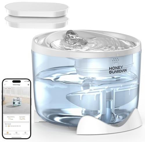 HoneyGuaridan Kattfontän med Rörelsesensor, 5G/2.4G WiFi Vattenautomat för Katter Hundar, Trådlös Vattendispenser med 3 Vattenflöden, Fontän för Katter med Extern Vattenpump, Extremt Tyst, 2 Filter