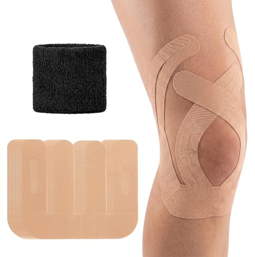 10 stycken knäband, förskuren, knän, kinesiologitejp, av bomull med lim, vattentät, hudvänligt flexibelt, knäform med 1 handledsbandage för fitness, löpning, träning och vardag