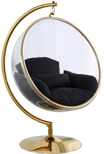 Meridian Furniture 508Black Luna Collection Modern | Contemporary Clear Acrylic Accent Swing Chair with Durable Metal Base and Fabric Seat, Black, Gold Finish, 41.5 W x 29.5 D x 64 H