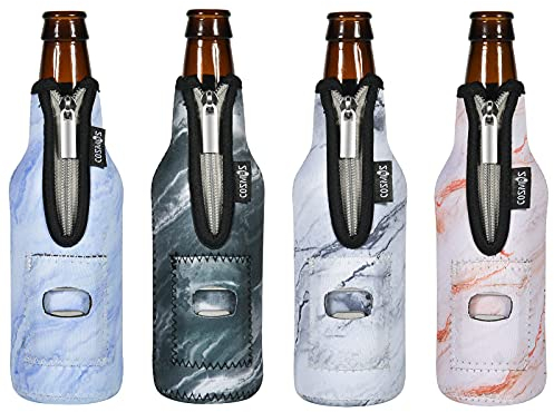 Cosmos 4 Pcs Beer Bottle Sleeves Neoprene Insulator Sleeves Bottle Jackets Sleeves Beverage Bottle Cooler with Built in Bottle Opener (Marble Pattern (4 Pcs))