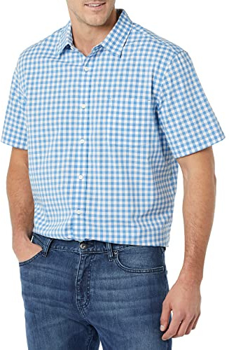 Amazon Essentials Men's Short Sleeve Button Down Shirt, Stretch Cotton, Blue Peach Plaid, Available in Big & Tall, Light Blue/White, Gingham, X-Large