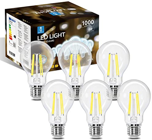 Aigostar LED E27 Vintage Glühbirne 8W (Ersetzt 72W), 1000 Lumen, Kaltweiß 6500K Abstrahlwinkel 330°, A60 Edison Lampe Filament Retro Transparent Flimmerfrei, CRI＞80, 6 Stück