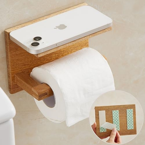 DEKAZIA® Toalettpappershållare Mangoträ med Hylla | WC Pappershållare Utan Borrning | Vintage Badrumshylla | Toalettpappersdispenser Vägg | Rustika Badrumstillbehör