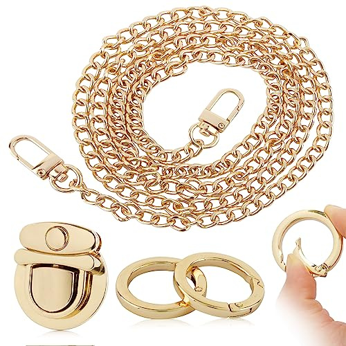 BETESSIN Tracolla a Catena per Borsa 120cm + 2pz Anello Rotondo per Borsa 25mm + Chiusura per Borsa Catena a Tracolla per Borsa di Ricambio in Metallo Ferro con Fibbia per Borse Fai da Te Dorato Oro