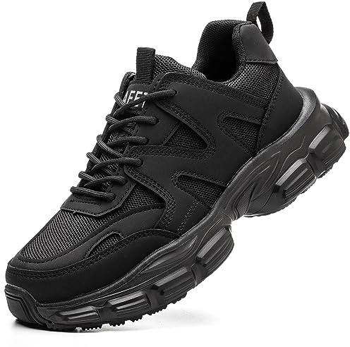 COOU Steel Toe Cap Trainers Safety Shoes for Women Non Slip Puncture Proof Lightweight Work Boots Black