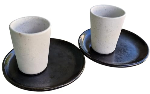 PintoCer - Juego de Tazas para Café Espresso en Ceramica de Gres sin Asa (Blanco/Negro, 2)