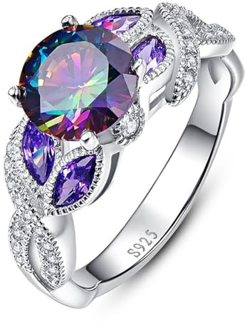 Yaresul 3.6ct Women's Round Created Rainbow Topaz Ring 925 Sterling Silver Engagement Rings for Women Bezel Setting Marquise Statement Womens Ring Size 10