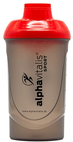 alphavitalis Protein Eiweiß Shaker 600 ml | Sport Fitness Bodybuilding | BPA frei | auslaufsicher | Mit Schraubverschluss und Sieb für cremige Shakes | schwarz rot