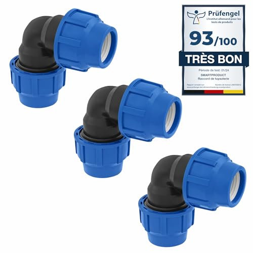 SmartProduct Raccord coudé à 90 degrés 20mm x 20 mm pour tuyau d’eau PE de compression – Raccords de plomberie coudés PN16 – connecteur compatible avec tuyaux PE80 et PE100-3 pièces