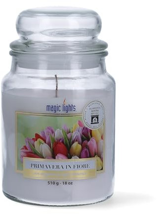 Magic Lights - Candela giara 510 gr Primavera in Fiore - Gelsomino - Fiori Bianchi con cera vegetale min. 75% - stoppino in legno naturale che scoppietta, Made in Italy
