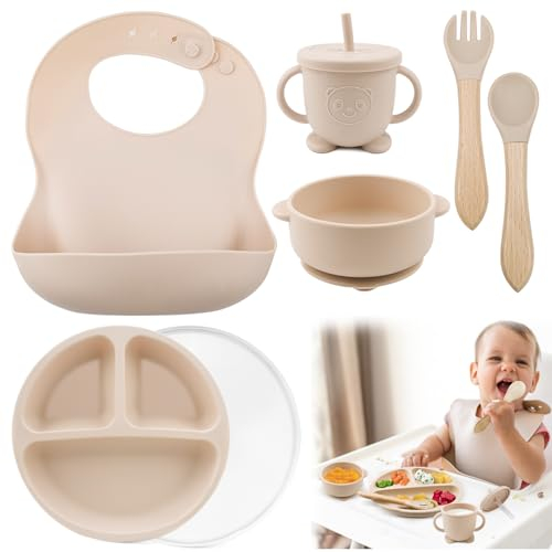 Silikon Baby Geschirrset Kindergeschirr Set Rutschfest Kinderteller mit Saugnapf 7 Stück Esslernteller Set mit Löffel Gabel Schüssel Lätzchen Becher Trinklernbecher und Teller mit Deckel BPA Frei