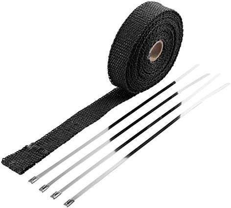 Auspuffband，Hitzeschutzband Auspuff 5m Thermisches Abgasband Auspuffrohr Wickelkopf Hitzebeständige Tuch mit Stahlband für Auto Motorrad Einlassteile(Black)
