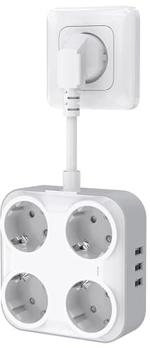 Steckdosenleiste, Steckdose Erweiterungen 4 Steckdosen mit 3 USB Ports Steckerleiste Steckdosenadapter, 7-in-1 Steckdosenadapter mit Kable USB Mehrfachstecker für Büro Hause