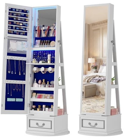 FREDEES Vollspiegel Schmuckschrank: 360° drehbarer Schmuckschrank mit LED-Lichtern Weiß
