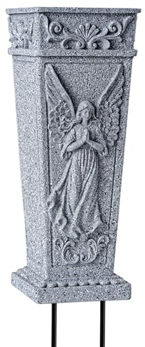 Cemetery Vases, Grave Memorial Vase with Spike, Resin Angel Flowers Holder for Cemetery, Headstone, Grave, Garden, Lawn, Yard Decorations (1Pc, Grey), Flower is not Included.