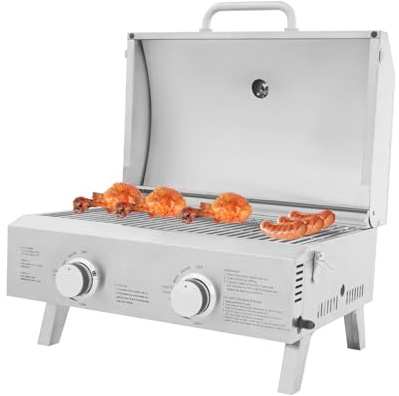 Barbecue a gas portatile, 2 bruciatori, griglia a gas da tavolo con griglia, barbecue, barbecue a gas in acciaio inox, barbecue da campeggio, piano cottura a gas, con griglia