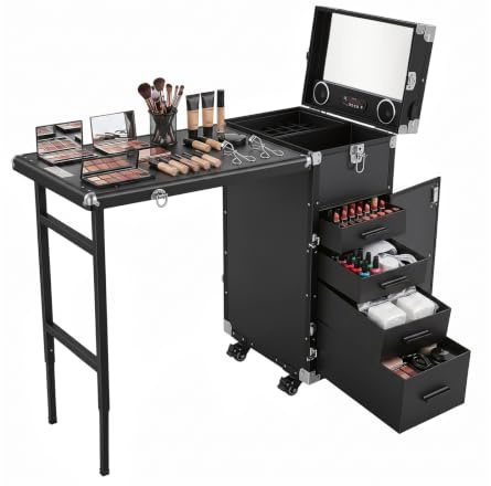 Mallette de maquillage à roulettes professionnelle avec table pliable et 5 tiroirs, miroir et haut-parleurs Bluetooth, grande mallette de coiffure, table de manucure (noir)