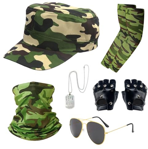FUIPVGI Set med 6 delar, armédräkt för vuxna, soldat, militär, cosplay, flygdräkt, tillbehör, armstrumpor, hatt, solglasögon, hundtag, taktiska handskar, ansiktssjal (kamouflage)