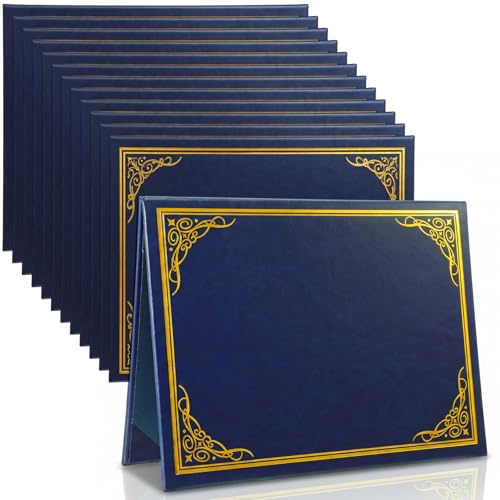 Tenare 12 Pcs Leather Certificate Holder 8.5 x 11 Inch Black Blue PU Diploma Cover with Gold Foil Border for Letter Phd Bachelor Master Diploma Award Folder for Graduation Competition Contest (Blue)