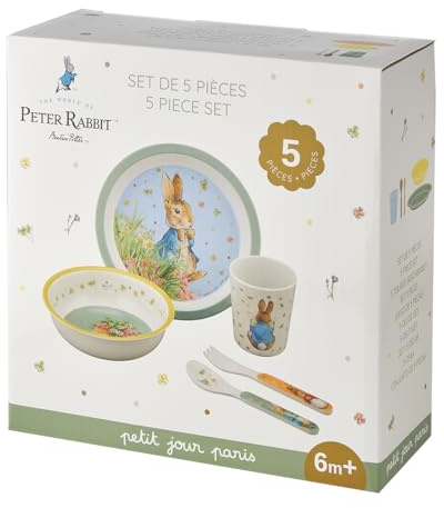Petit Jour Paris - Coffret Repas Pierre Lapin Vert 5 Pièces - Vaisselle Bébé et Enfant avec Assiette, Bol, Gobelet et Set de Couverts - Sans BPA - dès 6 Mois - Cadeau Naissance