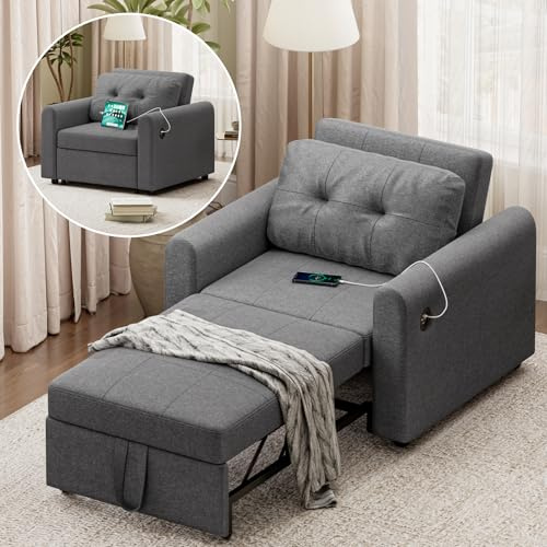 Single Sofa Bed, 3-in-1 Convertible Sleeper Chair with USB & Type-C Ports, Storage Pockets and 3-Position Adjustable Backrest, Linen Fabric Pull Out Couch Bed for Living Room, Bedroom, Dark Grey