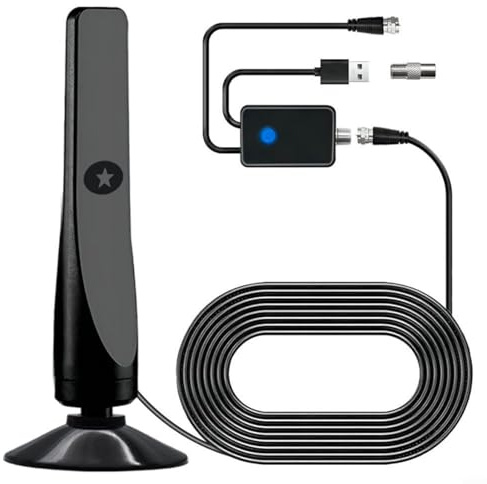 HD inomhusantenn, 50 mils räckvidd med förstärkt signal, 1080p stöd, metall digital TV-antenn med koaxialkabel för lokala kanaler
