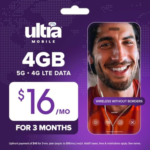 Ultra Mobile 4GB Prepaid SIM Kit, 3-Month Plan on the T-Mobile 5G Network