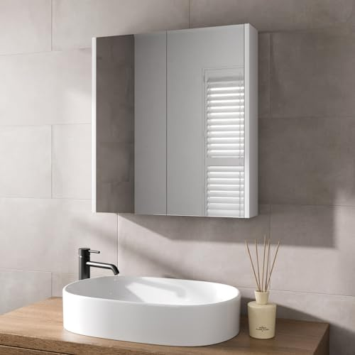 AURORA 600mm Bathroom Mirror Cabinet 2 Door Storage Cupboard Wall Hung Modern White
