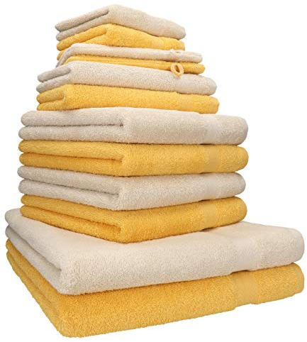 Betz 12-TLG. Handtuch Set Premium 100% Baumwolle 2 Duschtücher 4 Handtücher 2 Gästetücher 2 Seiftücher 2 Waschhandschuhe Farbe honiggelb/Sand