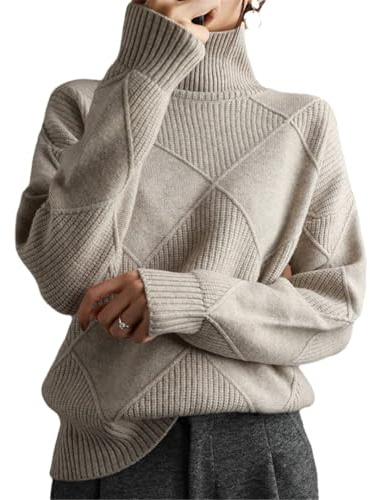 Maglione da donna a collo alto in lana, maglione in lana a maglia puro colore, maglione da donna a collo rotondo, Khaki,S