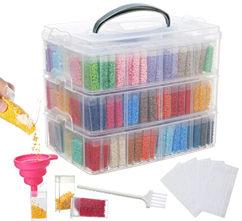 Douorgan 3-Tier Diamond Painting Storage Containers Portable Bead Organizer and Storage Box Stackable Arts & Crafts Organizers for Nail Charms Seed, 240 Rectangular, Funnel, Stickers