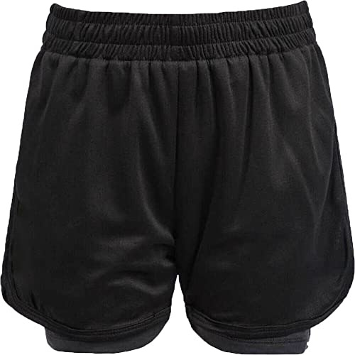 Athletic Sportswear Kids 2-in-1 Football Shorts with Inner Compression Liner | Boys & Girls Sports Activewear for Training, Running & PE | Lightweight Breathable Gym Shorts Black