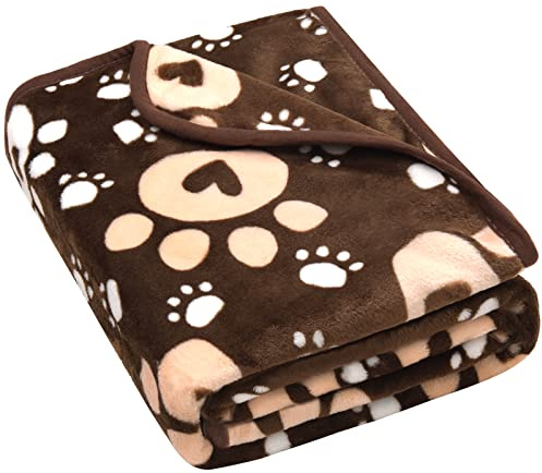 AHOOCUSTOM Dog Blanket, Soft Fleece Dog Blankets for Small Medium Dogs, Fluffy Flannel Pet Cat Puppy Blanket Mat Cover for Bed Couch, Cute Paw Print Throw Blanket for Dogs, Brown 40X30